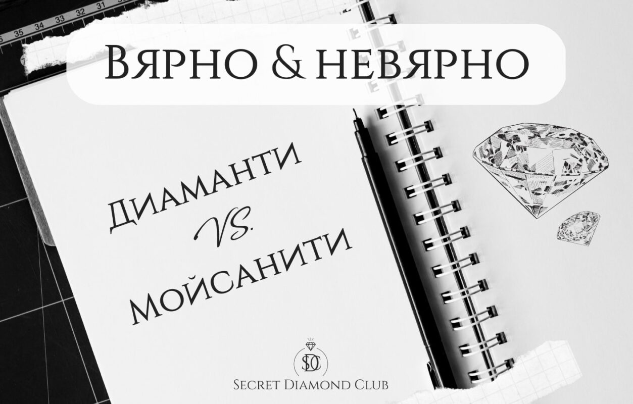 Диаманти срещу моисанити с изображение на диамант и текст на български.