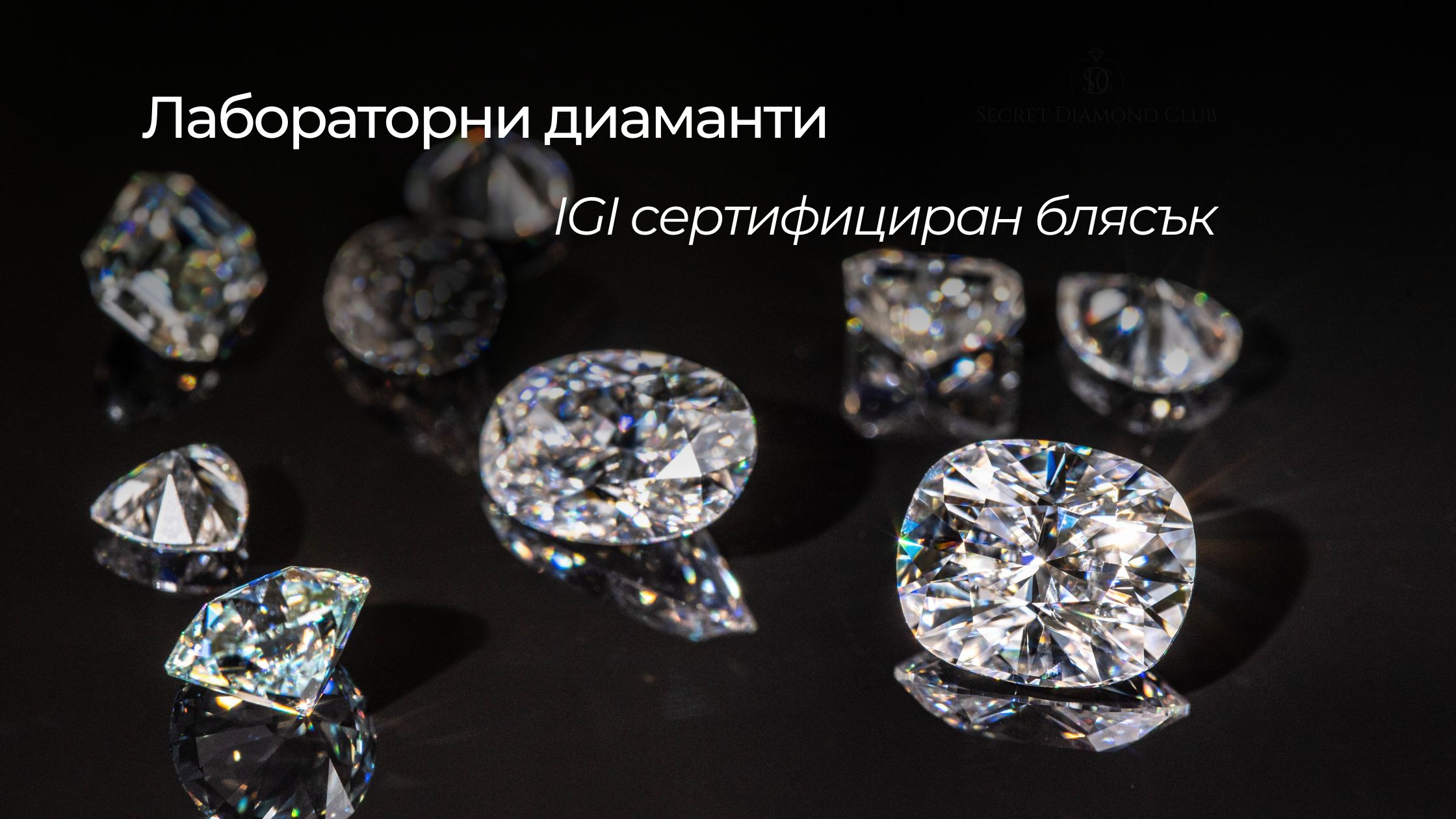 Лабораторни диаманти с IGI сертифициран блясък на черен фон.