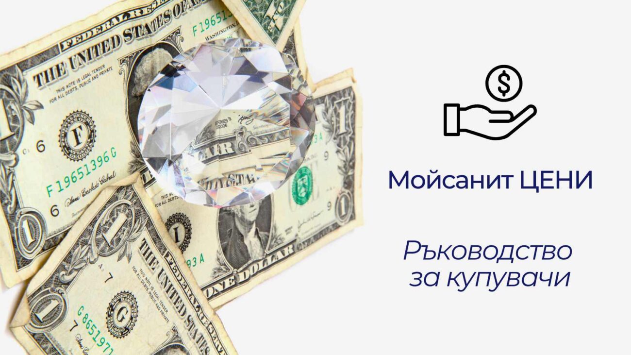 Моисанит, доларови банкноти и ръководство за купувачи.