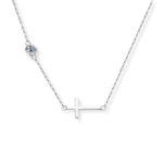 Сребърно колие с мойсанит Holy, с кръст и малък камък, на черен фон.