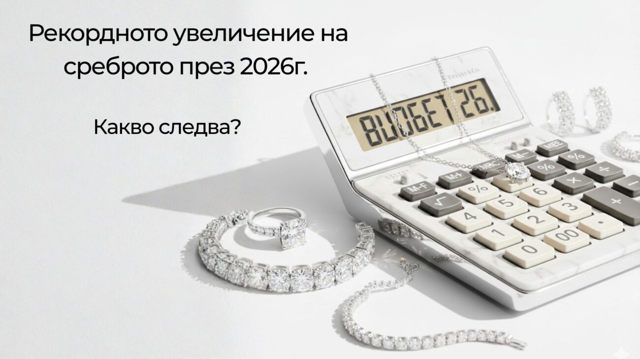 Рекламно изображение на калкулатор и бижута с текст за увеличението на среброто през 2026 г.