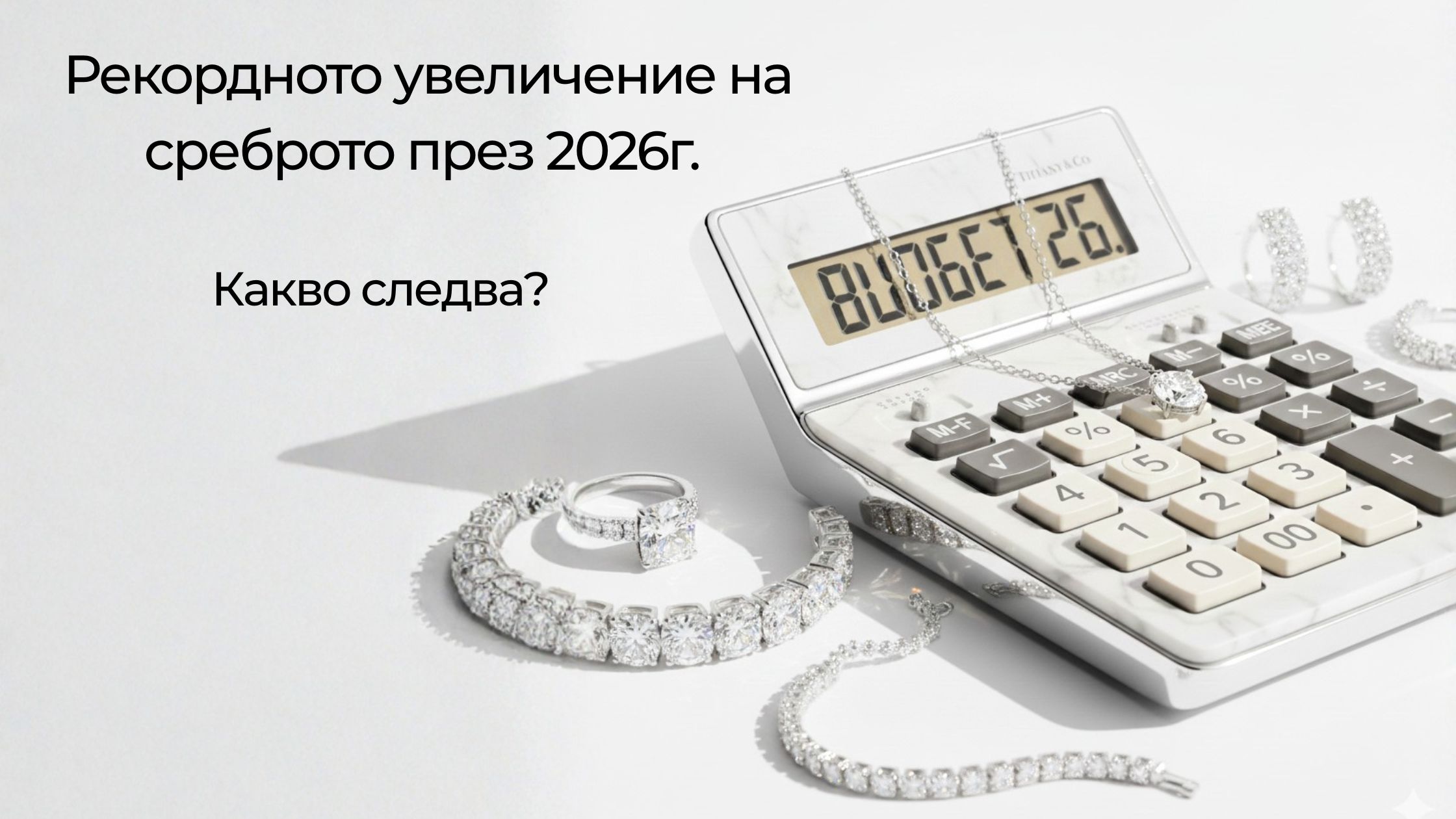 Рекламно изображение на калкулатор и бижута с текст за увеличението на среброто през 2026 г.