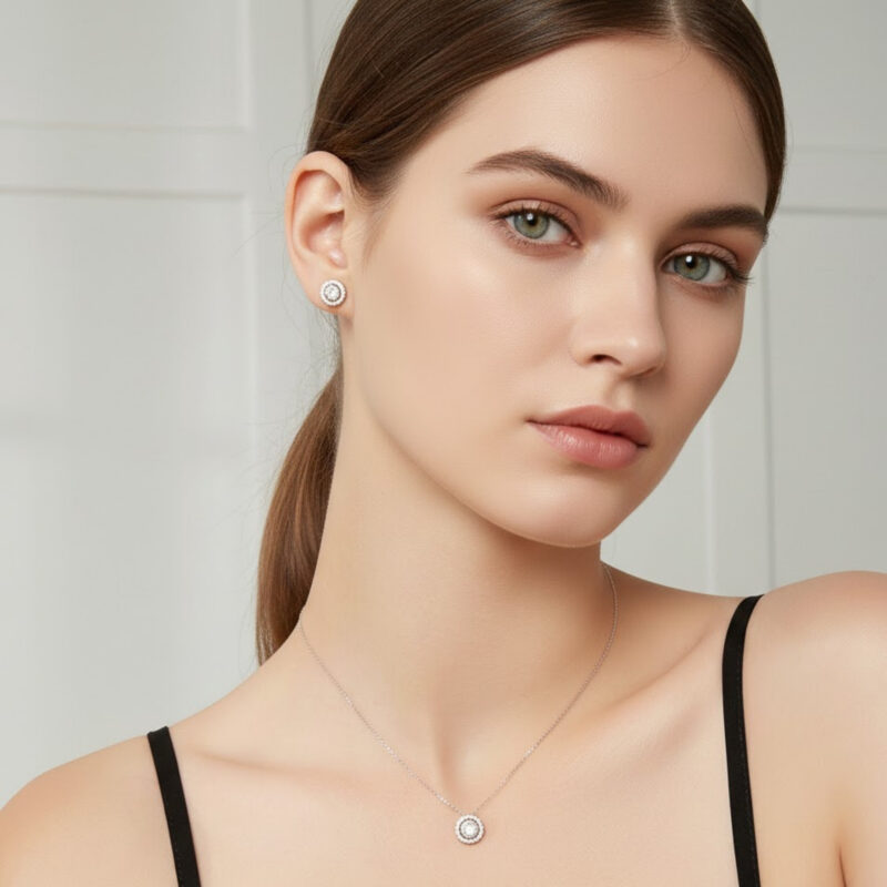 Дамска бижутерия с обеци и necklace, носени от модел с дълга коса.
